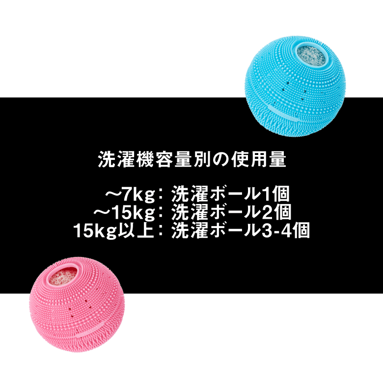 洗濯機容量別の使用量〜7kg：洗濯ボール1個　〜15kg：洗濯ボール2個　15kg以上：洗濯ボール3-4個